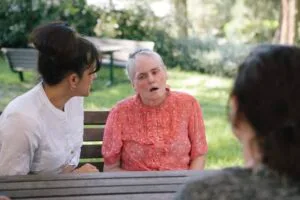 People having a conversation outdoors