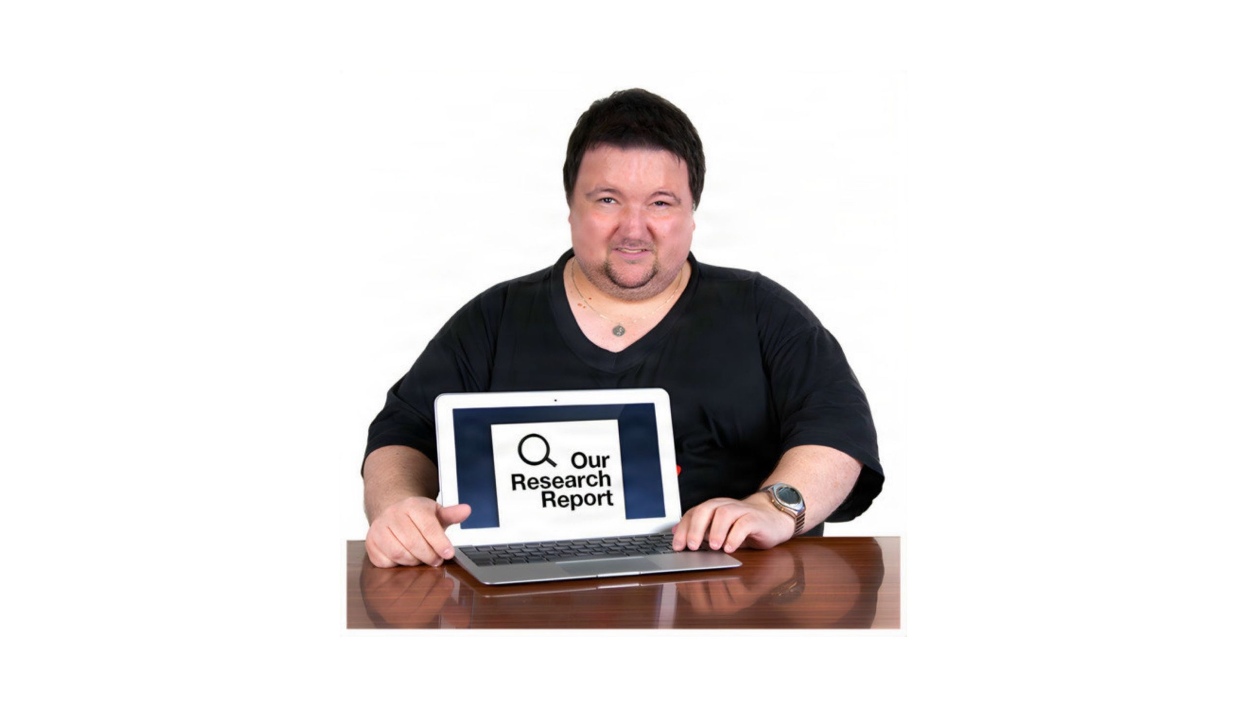A person showing his laptop with screen showing our research report